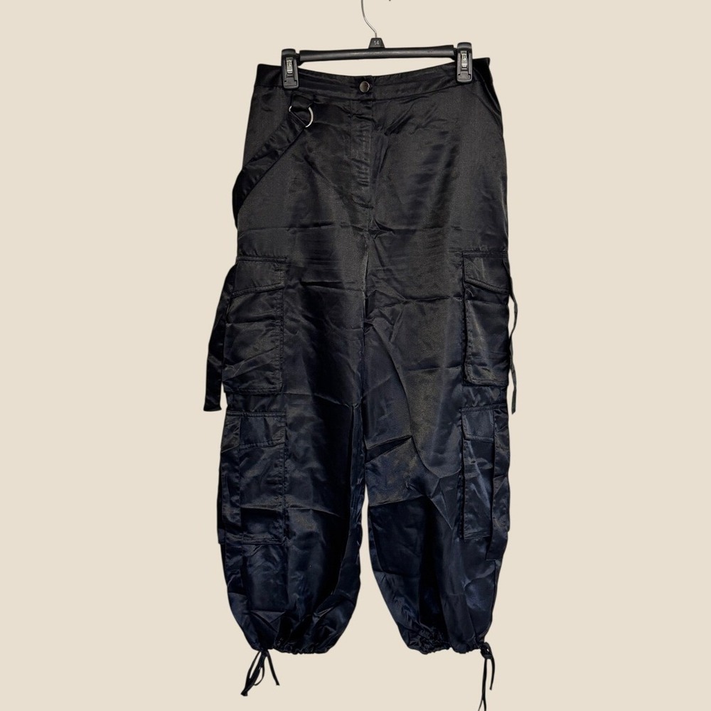ASOS New Size 8 Black Satin Cargo Wide Leg Pants with Drawstring Hem